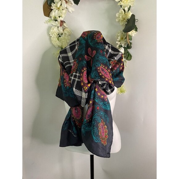 Vintage 1970s Square Diane von Furstenberg Silk Scarf Vibrant Black Multi 42" - Picture 5 of 16